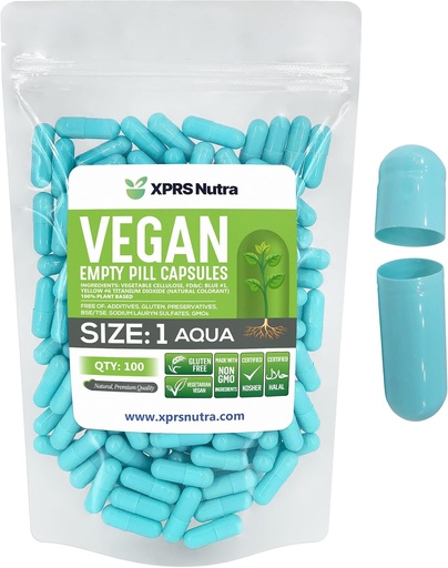 [BRSW2YABOACRYA3O] XPRS Nutra Size 1 Empty Capsules - 100 Count Empty Vegan Capsules - Vegetarian Pills - DIY Vegetable Capsule Filling- Veggie Pill Caps for Do-It-Yourself Supplements (Aqua)