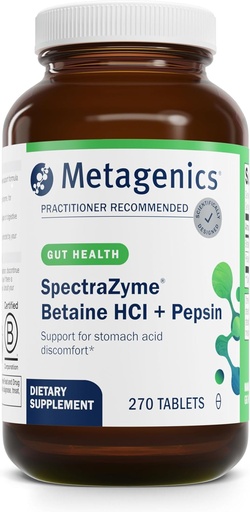 [BRSWIBQ4DEAG2AYZ] Metagenics SpectraZyme Betaine HCI + Pepsin - Supports Stomach Health &amp; Aids in Digestion* - with Betaine HCl & Pepsin - Proteolytic Digestive Enzyme* - Non-GMO - 135 Servings - 270 Cuadros