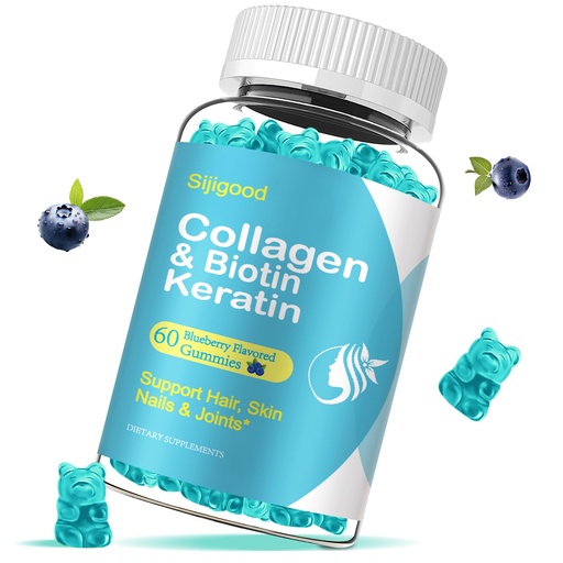 [BRSROZQBA54GOC3K] Biotin Gummies with Collagen, Keratin, Hyaluronic Acid, Vitamin for Skin, Hair Growth, Nails, Women Men Adults Kids - 60 Blueberry Flavored Gummies