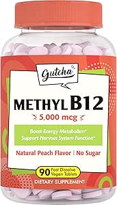 [BRSROHA3AQCB6EI6] Gutcha Vitamin B12 5000 mcg, Bioactive Methylcobalamin, for Nerve, Heart, Brain Health & Energy Production, Non GMO, No Sugar, No Gluten, Natural Peach Flavor, 90 Vegan & Fast Dissolve Tablets