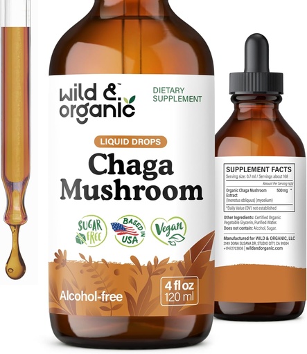 [BRSROY32B56WCCLX] Wild & Organic Chaga Mushroom Drops - Immune Support with Chaga Extract - Liquid Mushroom Supplement for Immunity - Vegan, Sugar & Alcohol-Free Tincture - 4 fl oz
