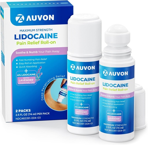 [BRSRAGAHDIIAAAY2] AUVON Max 强力 Lidocaine 疼痛救济 与薰衣草基本油、无梅斯应用器、快速吸附到Numb & Soothe 疼痛救济 膝盖、肩部、FSA/HSA 合格,2.5 OZ,2包