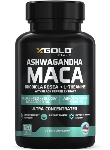 [BRSRMYYPDF6BYCY7] Ashwagandha 5,000mg + Maca Root Black, Red, Yellow 4,000mg, Rhodiola & L-Theanine: 30:1 Extract Ashwagandha Capsules, 20:1 Extract Maca Root Capsules - Supplement for Men and Women