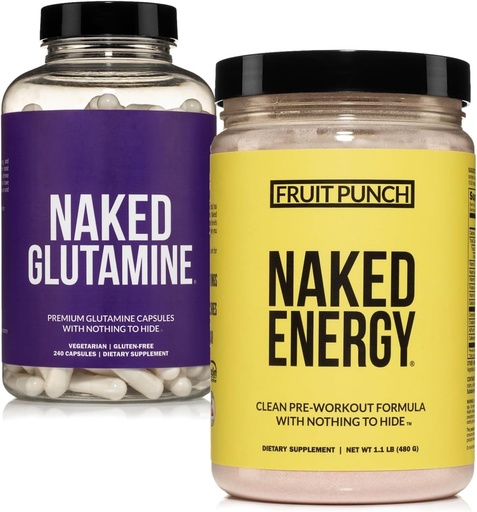 [BRSRA233BN7AYHLO] NAKED Vegan Energizing Muscle Recovery Bundle Fruit Punch Energy and 240 L-Glutamine Capsules, 1000mg