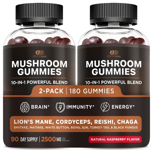 [BRSRMGQCDMBBM3TX] Effective Nutra Mushroom Gummies 2500mg - 10in1 Lion’s Mane, Reishi, Chaga, Cordyceps & More - Focus, Clarity, Memory, Immunity, Energy - Natural Raspberry Flavor, Vegan, Made in USA (2-Pack)