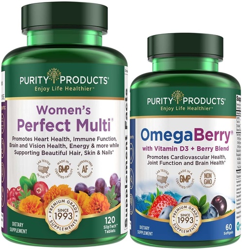 [BRSW2ZQZCAHWYALF] Purity Products Women’s Perfect Multi + OmegaBerry Fish Oil Women's Multi (Apoyos Urinary Tract Health, Immune, Bone, Hair, Skin, Nails + Más) - OmegaBerry (1250mg Omega-3, Vitamina D3 + Más)