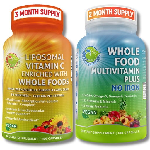 [BRSRAYLYCB4A2YLJ] Liposomal Vitamin C 1500mg + Vegan Whole Food Multivitamin Without Iron - Energy & Immune Support Bundle with Organic Acerola Cherry, Camu Camu & Enriched with Whole Foods –Non-GMO, Clean Label