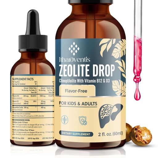[BRSRAHYHCABG2F36] Itharoventis Zeolite Drops for Kids and Adults, Zeolite Clinoptilolite Liquid with Methyl Vitamin B12 & D3 for Gut & Speech, Immune, Bone, Energy, Monk Fruit Flavor, 2 Fl Oz