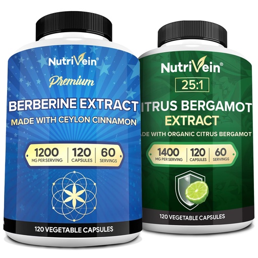 [BRSRA233DMGWYC3D] Nutrivein Premium Berberine 1200mg & Citrus Bergamot Extract 1400mg Bundle - Ceylon Cinnamon & 25:1 Bergamia Extract - Weight Management & Immune Support Plus Heart Health - 120 Capsules Each
