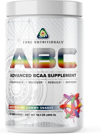 [BRSROAL5BB5RGYA2] Core Nutritionals ABC Advanced BCAA Supplement | Aminoazidoen berreskurapen nahasketa | Glutamine, Beta Alanine, Citrulline Malate | 20 zerbitzari (Australian Gummy Snakes)