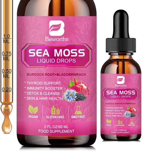 [BRSROZIFOAIWCAL2] Sea Moss Liquid Drops - Organic Black Seed Oil Irish Sea Moss Gel mit Burdock Root, Bladderwrack, Elderberry, Vitamin C, D3, 6X Stronger Seamoss Gel für Verdauung, Haargesundheit - Vegan