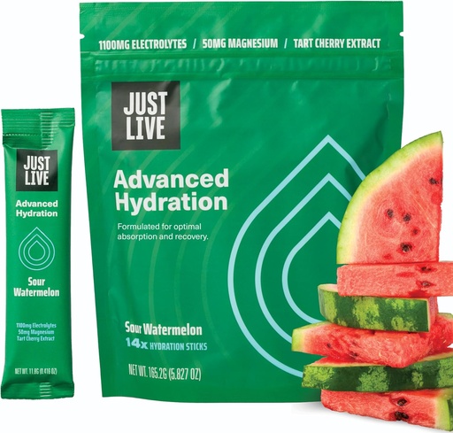 [BRSROCD3AV7AKYL5] Just Live Advanced Hydration - Sour Watermelon, Electrolyte Drink Mix, Tart Cherry Extract, Supports Recovery & Absorption, Low Sugar, 14 Pack