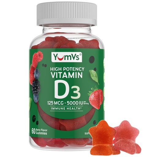 [BRSWGHQOOZ5RGF32] YUM-V'S Vitamin D3 Gummies 5000 IU 125mcg D3 Gummies - Support Immune Support, Strong Bone Health - Non-GMO, Gluten-Free, Dairy-Free, Vitamin D Gummy (60 Count)