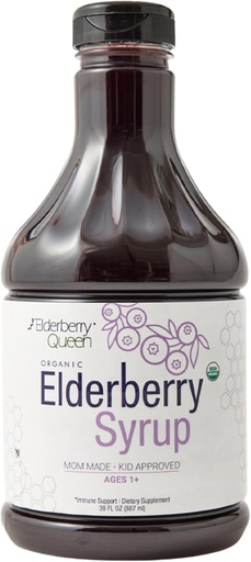 [BRSWGAABCIAWAFDV] Elderberry Queen Organic Elderberry Syrup 30 Fl Oz - Immune Support Formula cu Sambucus Black Elderberry & Aronia Berry - Pur natural certificat Elderberry Syrup organic pentru copii și adulți