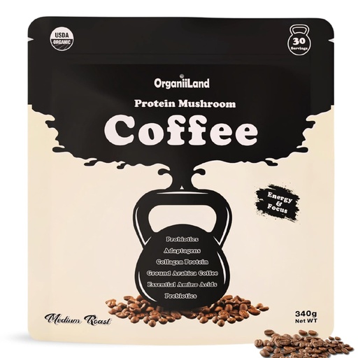 [BRSROHYNCMBWMA3L] Protein Mushroom Coffee by OrganiiLand | Ground Coffee with Collagen, Lion's Mane, Chaga, Turkey Tail, Reishi, Maitake, L-Theanine | Focus, Energy, Immunity, and Digestion | 30 Servings