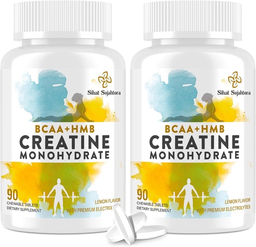 [BRSRA2YQAECWYCIU] 8-in-1 Creatiini Monohydraatti, BCAA & HMB, 5000 mg miehille & naisille, Creatiini Chews lihasten, elpyminen, Endurance & Strength, korkea imeytyminen, sitruunan maku, sokeriton, 180 tablettia