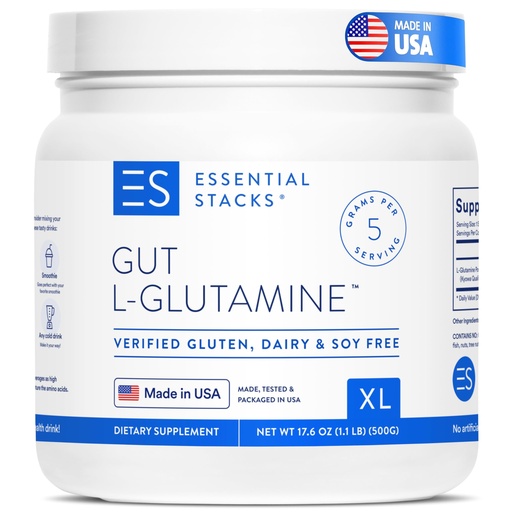 [BRSROEA3BMCAYAAZ] Essential Stacks Gut L-Glutamine Powder - Exclusively Made in USA - Pure L Glutamine Powder for Gut Health (100 Servings, Unflavored)