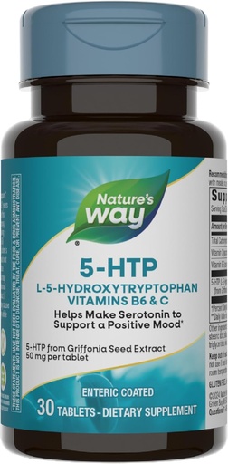 [BRSWIYQKBQAWEG3M] Nature's Way 5-HTP, L-5-Hydroxytryptophan, Helps Make Serotonin to Promote a Positive Outlook*, Vitamin B6, Vitamin C, Griffonia Bean Extract, 30 Tablets (Packaging May Vary)