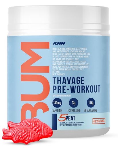 [BRSW2CYNB5YBA233] RAW Pre Workout Powder, Thavage (5 Peat, Red Gummy) - Chris Bumstead Sports Nutrition Supplement for Men & Women - Cbum Pre Workout for Working Out, Hydration, Mental Focus & Energy - 40 Servings