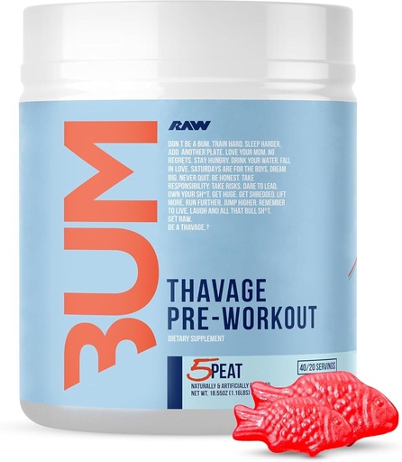 [BRSW2CYNB5YBA233] RAW Pre Workout Powder, Thavage (5 Peat, Red Gummy) - Chris Bumstead Sports Nutrition Supplement for Men &amp; Women - Cbum Pre Workout for Working Out, Hydration, Mental Focus & Energy - 40 Servings