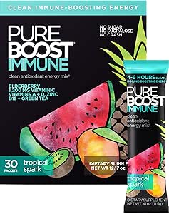 [BRSWYFI6CVYQGYLJ] Pureboost Immune Clean Energy Booster, Refreshing Energy Drink Mix and Immunity Supplement with Elderberry, 1,200 mg Vitamin C, Vitamins A + D, and Zinc. (Tropical Spark, 30 Count)