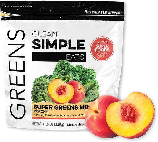 [BRSRMAIHCRYBQHTH] Clean Simple Super Greens Toz, Natural Flavored Greens Toz ilə Chlorella, Spirulina, Superfoods & Prebiyotik Fiber, No sənaye, Gluten Free, Peachy Greens Flavor, 30 Srvgs