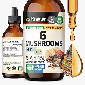 [BRSWYEIOAB5BAYL2] BIO KRAUTER 6 Mushrooms Supplement 6-in-1 - Lions Mane, Shiitake,Turkey Tail, Cordyceps, Reishi & Chaga Liquid Extract - Mushroom Complex Tincture - Vegan Drops 4 Fl.Oz.