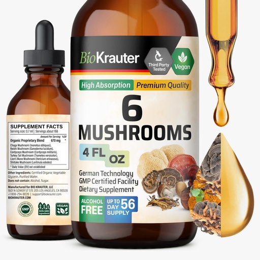 [BRSWYEIOAB5BAYL2] BIO KRAUTER® 6-in-1 Mushroom Complex with Lion’s Mane, Chaga, Reishi, Cordyceps, Turkey Tail & Shiitake - Vegan Mushroom Supplement for Immune Support - Natural Focus & Brain Support 4 Fl. Oz.