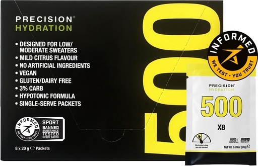[BRSWGZQ5BMHQKD34] Precision Hydration Electrolyte Drink Mix - All Natural Multi Strength Electrolyte Powders - Serviciones impermeables individuales - Gluten/Dairy Gratis (500mg/L - Yellow Packet, Pack of 8)