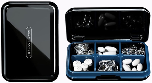 [BRSW2GIRBYBGOHLG] DUBSTAR Travel Pill Organizer Moisture Waterproof Small Pill Box for Pocket Purse 6 Compartments Portable Pill Case Medicine Vitamin Holder Container,Black