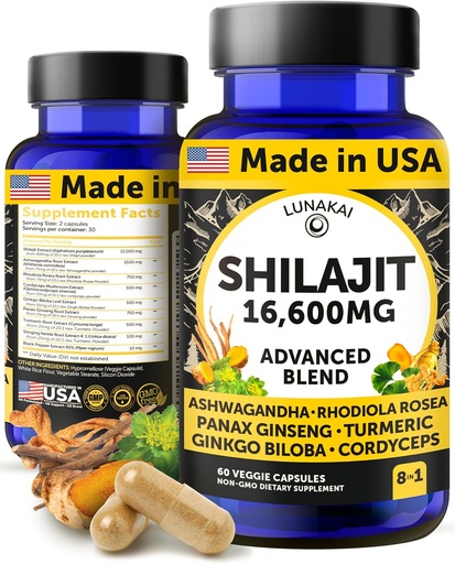 [BRSROCYEOQBRMCIV] Lunakai USA Made Pure Shilajit Κάψουλες με Ashwagandha, Rhodiola & Cordyceps - Extra Strength Shilajit Extract για άνδρες & γυναίκες, 60ct