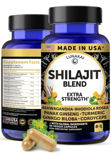 [BRSROCYEOQBRMCIV] Lunakai USA Made Pure Shilajit Capsules with Ashwagandha, Rhodiola & Cordyceps - Extra Strength Shilajit Extract for Men & Women, 60ct
