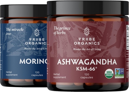 [BRSWYFADOV4A4CIV] TRIBE ORGANICS Endurance Duo: Organic KSM-66 Ashwagandha + Organic Moringa - Vegan Capsules - 2 Month Supply - Brain Function, Focus, Mood Support, Energy and Strength