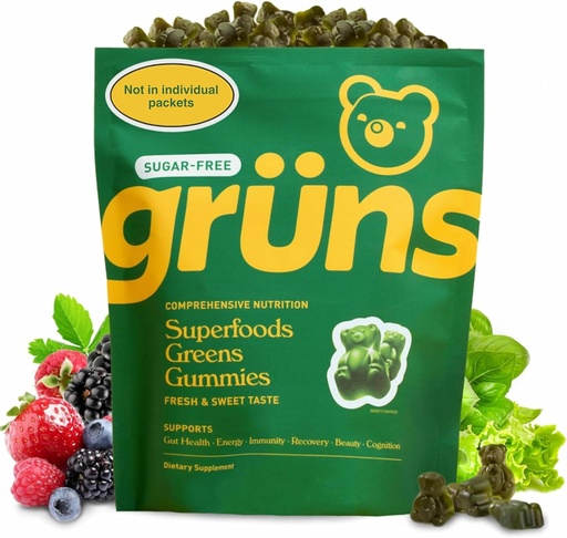 [BRSRAZT2CEBA2CL7] Gruns adultos sem açúcar Super Verdes Gummies - Superalimentos Gummy Bears com espirulina, chlorela, fibra e prebióticos para a saúde digestiva, Suplemento de Adaptogen com 20 vitaminas e minerais, 2 semana de fornecimento