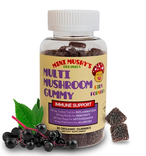 [BRSROZL3CQHQMHIY] Mini Mushy's Organic Immune Support Daily Gummies | Turkey Tail, Reishi, Chaga Mushrooms, Elderberry | for Kids Ages 2+ Natural Color, Allergy Friendly, Low Sugar | Strawberry Flavor - 30 Count