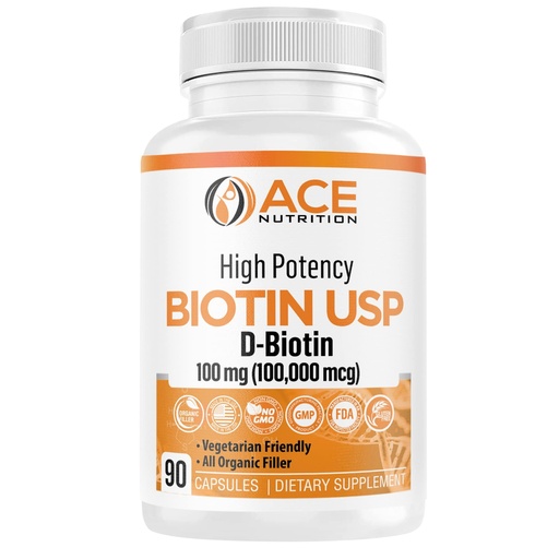 [BRSWKGLZBRYBCFYZ] High Potency Biotin USP (D-Biotin 100,000mcg) - Superior Biotin, Organic Rice Flour, Vegetarian Capsules For Hair, Skin, & Myelin Health, Made in the USA (100mg/90 Capsules)