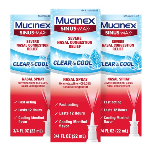 [BRSWYFICDMAQKETD] Mucinex Sinus-Max Nasal Spray Decongestant, 12 Hour Over-The-Counter Medication Nose Spray for Sinus Relief, Nasal Decongestants for Adults, Cooling Menthol, 0.75 Fl Oz (Pack of 3)