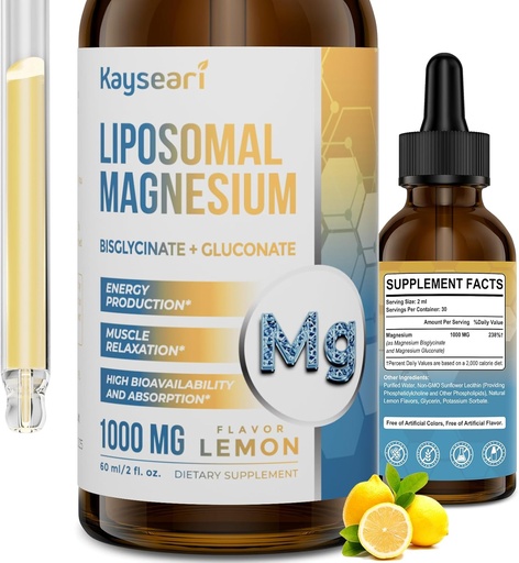 [BRSROFL4C4DWEC34] High Strength Liposomal Magnesium Drops, Easily Absorbed Chelated Forms of Magnesium Bisglycinate and Magnesium Gluconate, 60ML Lemon Flavored Liquid Drops