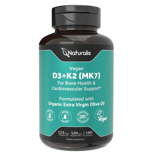 [BRSRMFAEOQDR6F3A] Naturalis Vegan Vitamin D3+K2 from Algae | 5000 IU D3 with 120mcg MK7 | Vegan Society Certified,Sustainably Sourced,Better Than Animal Derived | Better Support for Bone & Immune Health* | 180 Softgels