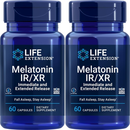 [BRSROAITOQJWO23P] Life Extension Melatonin IR/XR, 1.5 mg, immediate- and Extended-Release Formula for Optimal Sleep Support, Healthy circadian Rhythms, Cellular Defense, Gluten-Free, Non-GMO, 2 X 60 Capsules