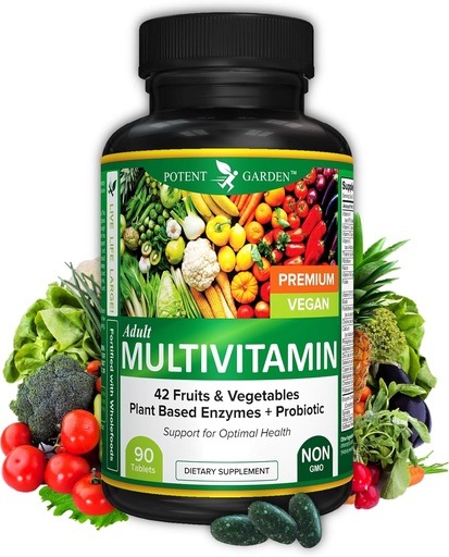 [BRSWKGAMBEOG2EDG] Potent Garden Adult Multivitamin for Women & Men, 42 Fruits & Vegetables Plus Probiotics, Supports Energy Metabolism & Immune System, Daily Multivitamin for Men & Women Non-GMO, 90 Tabs, 30 Servings