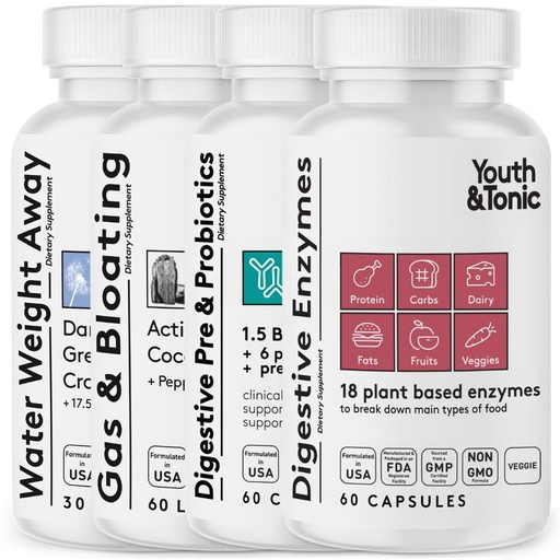 [BRSRAZL2CMHGEHIU] Youth & Tonic Bloating Relief with Pre & Probiotics from Water Retention, Gas or Food Digestion with Water Pills, Liquid Activated Charcoal and Digestive Enzymes Bundle Pack