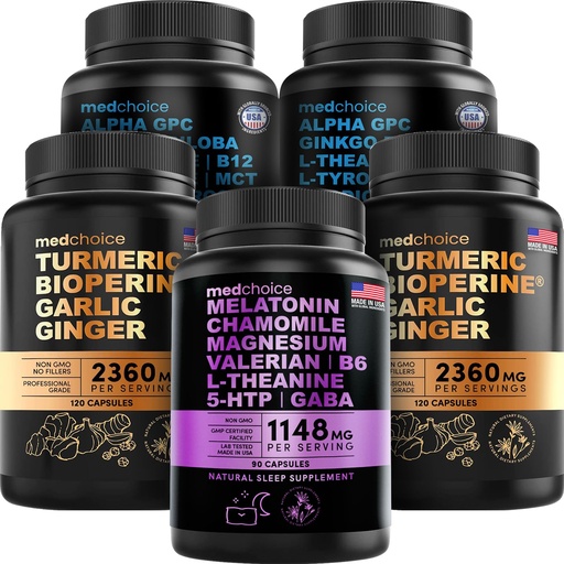 [BRSROGABDMIWKHY3] MEDCHOICE Sleep Melatonin (90ct), Turmeric & Ginger (240ct), and Nootropic Brain (120ct) Supplement Bundle - Wellness Trio for Brain, Sleep, & Immune Support - Vegan, Non-GMO, Gluten-Free