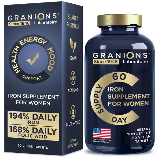 [BRSROZARCMBROFLP] Granions Vegan Iron Supplements for Women - 194% Daily Womens Iron Supplement for Pregnancy and Anemia Folic Acid Prenatal Vitamins - 168% Folate Folic Acid - 60 Tablets
