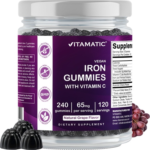[BRSRAATRDJ6GMEL2] Vitamatic Iron 65 mg Gummies Supplement for Women & Men - 240 Vegan Gummies - Great Tasting Iron Gummy Vitamins with Vitamin C