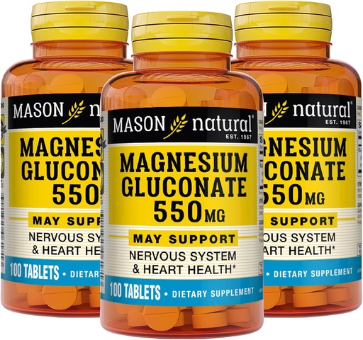 [BRSWIYA7CMGGY236] Mason Natural Magnesium Gluconate 550 mg,为正常健康心脏和神经系统支持提供300天供应,100平板(3包)