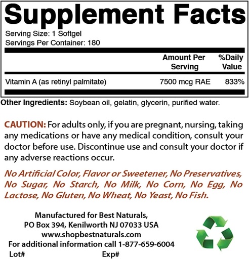 [BRSRMBAHBV7B4CLB] Best Natural Vitamina A 25000 IU & Probiotic 10 Strains & 30 Billion CFU