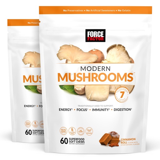 [BRSRA23RCEDWGCLF] Force Factor Modern Mushrooms Soft Chews, Mushroom Supplement | with Lions Mane, Turkey Tail & Cordyceps to Support Energy, Focus & Digestion, Cinnamon Roll, 120 Soft Chews, 2-Pack