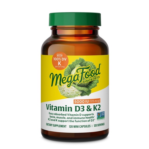 [BRSWYGQHOUCQ4ALL] MegaFood Vitamin D3 5000 IU (125 mcg) - Vegetarian Supplements with Vitamin D3 K2 - Supports Bones, Teeth, Muscles & Immune Health - Certified Non-GMO - 120 Mini Capsules, 120 Servings