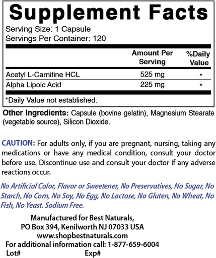 [BRSRMAI7B4DRG3DP] Best Naturals Acetyl L-Carnitine and Alpha Lipoic Acid 750 mg & B-100 Complex